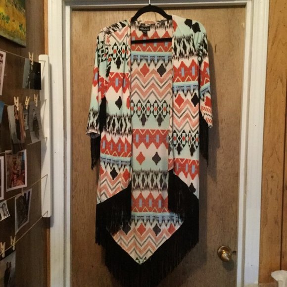 Aztec/western print open front sweater kimono style fringed - Picture 1 of 6